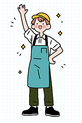 캐릭터 옷 행복 어린이 백그라운드 일러스트 모션 미소 웃음 손짓 일상 반짝임 귀여움 앞치마 표현 작업 직원 즐거움 오브젝트 서비스 긍정적 국내일러스트 AI파일 감정 컨셉 표정 사람 라이프 파일형식 벡터