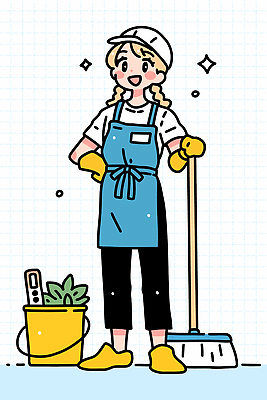 식물 캐릭터 여자 일러스트 건강 미소 웃음 인테리어 노란색 환경 주방 청결 도구 세척 청소도구 청소 준비 상쾌 청소기 청소시간 국내일러스트 AI파일 디자인 감정 컬러 표정 3 사람 전자제품 위생 파일형식 벡터