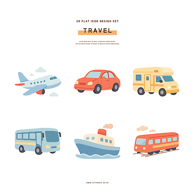 디자인 교통수단 여행 일러스트 자동차 버스 비행기 따뜻함 세트 기차 캠핑카 이모티콘 재치 색감 선박 국내일러스트 AI파일 육상교통 교통 수상교통 항공교통 대중교통 파일형식 벡터