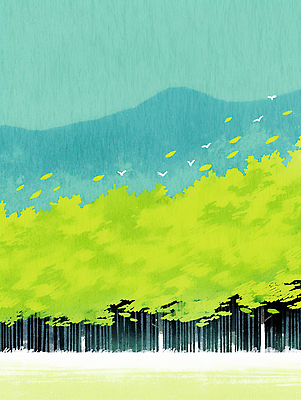 JPG 나무 여행 일러스트 자연 조류 하늘 바람 휴식 산 풍경 야외 초록색 여름 평화 일몰 숲 조화 국내일러스트 AI일러스트 AI콘텐츠 자연요소 식물 동물 계절 컬러 컨셉 날씨 노을 생태계 파일형식