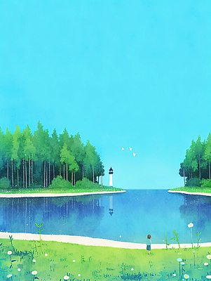 JPG 호수 하늘색 일러스트 자연 조류 하늘 등대 사람 풍경 물 여름 평화 일출 고요 들꽃 탐험 숲속 숲 조용 뷰티풀 국내일러스트 AI일러스트 AI콘텐츠 자연요소 동물 계절 꽃 컨셉 파란색 노을 생태계 파일형식