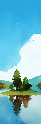 JPG 나무 식물 호수 섬 백그라운드 일러스트 자연 하늘 수채화 산 미술 풍경 물 여름 파란색 반사 평화 고요 숲 그림 국내일러스트 AI일러스트 AI콘텐츠 자연요소 계절 컬러 컨셉 문화예술 생태계 파일형식