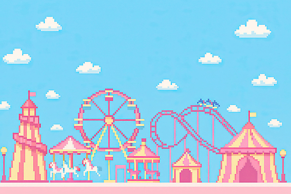 JPG 구름 컬러 여행 일러스트 가족 놀이 하늘 풍경 여러명 취미 친구 놀이공원 회색 도전 놀이기구 즐거움 대관람차 회전목마 롤러코스터 국내일러스트 AI일러스트 AI콘텐츠 자연요소 감정 다수 관계 사람 테마파크 파일형식
