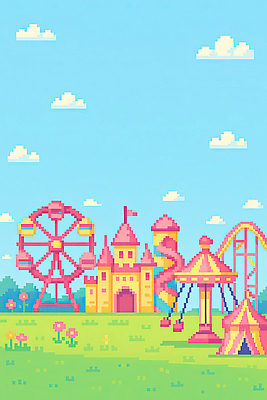 JPG 꽃 분홍색 컬러 일러스트 놀이 하늘 풍경 야외 여름 노란색 테마파크 놀이공원 성 놀이기구 즐거움 대관람차 회전목마 롤러코스터 국내일러스트 AI일러스트 AI콘텐츠 식물 건축물 계절 감정 공간 파일형식