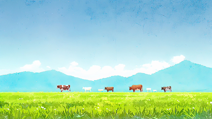 JPG 동물 여유 일러스트 모션 자연 하늘 날씨 산 풍경 초원 농장 평화 목장 시골 소 생태계 서식지 기르기 접착풀 국내일러스트 AI일러스트 AI콘텐츠 감정 컨셉 농업 포유류 문구용품 풀_접착제 돌봄 파일형식