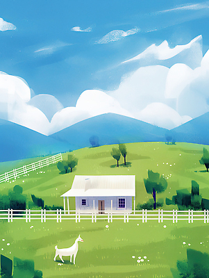 JPG 나무 구름 일러스트 자연 하늘 염소 산 주택 따뜻함 풍경 초원 일상 여름 파란색 농장 평화 목초지 언덕 접착풀 목가 국내일러스트 AI일러스트 AI콘텐츠 자연요소 식물 계절 컬러 컨셉 농업 포유류 문구용품 건물 라이프 목장 풀_접착제 생태계 파일형식 초원_자연