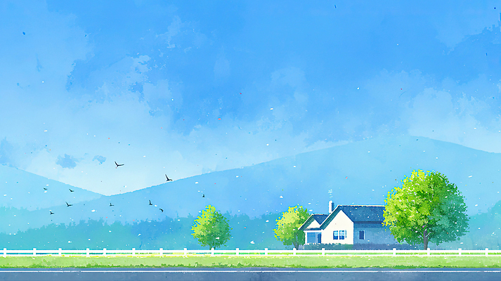 JPG 나무 감정 일러스트 자연 조류 하늘 아침 날씨 산 주택 따뜻함 풍경 일상 시골 보호 조화 단순화된 목가 차분 국내일러스트 AI일러스트 AI콘텐츠 주간 식물 동물 컨셉 건물 라이프 생태계 파일형식