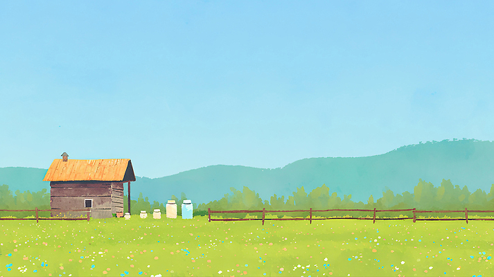 JPG 동물 일러스트 자연 하늘 날씨 씨앗 풍경 초원 울타리 농장 봄 시골 오두막 조용 밀밭 수목 우유통 목가 국내일러스트 AI일러스트 AI콘텐츠 식물 계절 밭 농업 담장 밀 생태계 파일형식