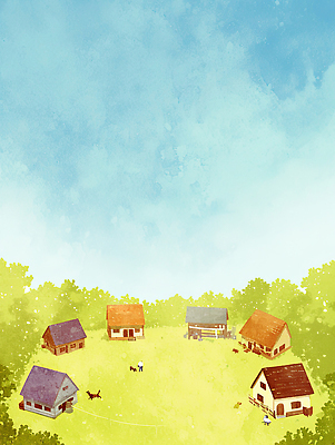 JPG 동물 일러스트 자연 하늘 출입구 사람 풍경 잔디 초록색 여름 파란색 햇빛 평화 마을 농촌 시골 축산업 오두막 교외 목가 국내일러스트 AI일러스트 AI콘텐츠 식물 계절 산업 컬러 컨셉 태양 생태계 파일형식