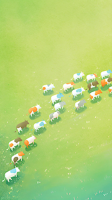 JPG 동물 컬러 이동 일러스트 자연 풍경 초원 일상 여름 농장 평화 목초지 목장 소 먹이 생태계 동물보호 소떼 접착풀 국내일러스트 AI일러스트 AI콘텐츠 계절 컨셉 농업 포유류 문구용품 라이프 풀_접착제 사회이슈 파일형식 초원_자연