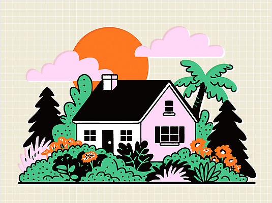 나무 식물 디자인 꽃 일러스트 자연 휴식 주택 따뜻함 풍경 초록색 태양 평화 환경 정원 고요 그림 뷰티풀 색감 국내일러스트 AI파일 자연요소 컬러 컨셉 건물 생태계 파일형식 벡터