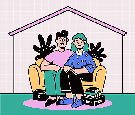 캐릭터 커플 행복 감정 일러스트 가족 휴식 주택 함께함 따뜻함 사랑 책 인테리어 상자 소파 손잡기 우정 편안함 색감 국내일러스트 AI파일 디자인 컨셉 의자 관계 모션 건물 친구 감각 파일형식 벡터