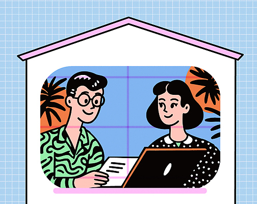 식물 디자인 여자 남자 일러스트 회의 협력 휴식 두명 파란색 컴퓨터 사무실 카페 작업 모던 소통 서류검토 창의성 국내일러스트 AI파일 컬러 컨셉 비즈니스 사람 전자제품 상점 확인 파일형식 벡터