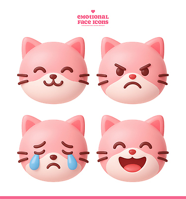 PSD 편집이미지 캐릭터 디자인 행복 감정 분홍색 표정 그래픽 고양이 기쁨 슬픔 분노 감성 편집3D 컬러 컨셉 포유류 반려동물 3D 파일형식
