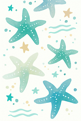 JPG 디자인 별 물결 예술 바다 컬러 백그라운드 패턴 일러스트 자연 수채화 불가사리 장식 여름 파란색 수중동물 회색 점 그림 조화 국내일러스트 AI일러스트 AI콘텐츠 자연요소 동물 계절 무늬 극피동물 생태계 파일형식