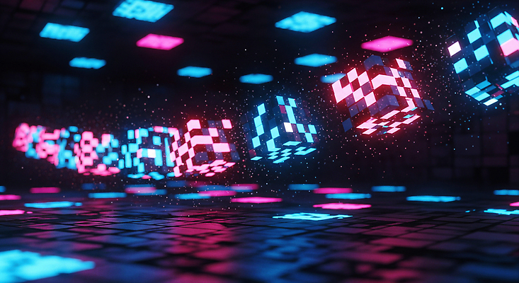 JPG 편집이미지 예술 컬러 패턴 모션 추상 기술 빛 공간 게임 시각효과 창의력 디지털아트 픽셀 편집3D AI컴퓨터그래픽 AI콘텐츠 무늬 놀이 3D 파일형식 효과