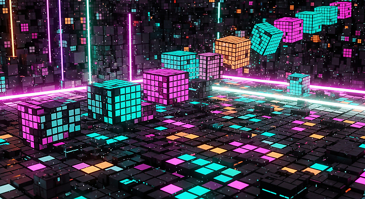 JPG 편집이미지 디자인 예술 컬러 백그라운드 패턴 추상 미래 조명 그래픽 디지털 공간 큐브 기하학 창의성 편집3D AI컴퓨터그래픽 AI콘텐츠 컨셉 무늬 3D 파일형식