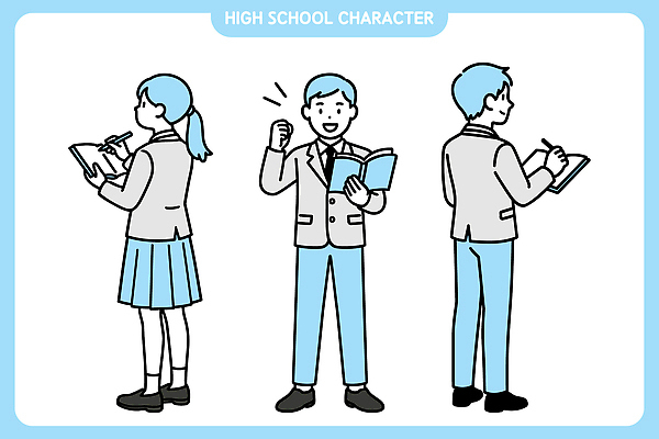 캐릭터 여학생 교육 어린이 남학생 일러스트 교실 모션 청소년 고등학생 정장 책 학습 독서 귀여움 공책 기록 집중 성별 흥미 일러캐릭터 AI파일 학생 옷 여자 남자 컨셉 학교 문구용품 사람 파일형식 벡터