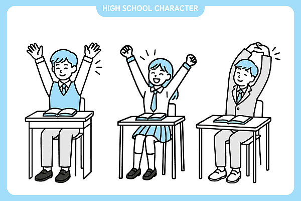 학생 손 옷 포즈 일러스트 교실 모션 청소년 수업 협력 고등학교 표정 웃음 친구 학습 활발 기쁨 편안함 집중 즐거움 참여 일러캐릭터 AI파일 캐릭터 교육 감정 컨셉 학교 관계 사람 신체부위 감각 파일형식 벡터