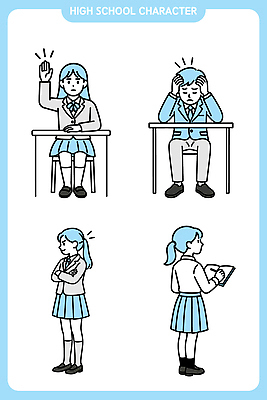 캐릭터 학생 감정 교복 일러스트 교실 학교 모션 청소년 고등학교 학습 치마 독서 머리 손들기 고민 드로잉 성별 우울감 일러캐릭터 AI파일 옷 교육 하의 미술 사람 신체부위 파일형식 벡터
