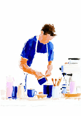 JPG 남자 커피 음료 일러스트 재료 탁자 아침 요리 일상 컵 파란색 카페 도구 작업 커피메이커 크림 열정 바리스타 서버 국내일러스트 AI일러스트 AI콘텐츠 주간 직업 식기 감정 컬러 가구 사람 라이프 상점 커피용품 파일형식