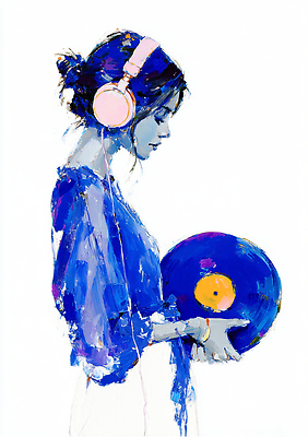 JPG 여자 감정 예술 음악 분홍색 컬러 일러스트 파란색 헤드폰 소리 감상 듣기 레코드 분위기 집중 그림 리듬 창의성 스타일 국내일러스트 AI일러스트 AI콘텐츠 음향기기 컨셉 모션 문화예술 사람 음반 파일형식