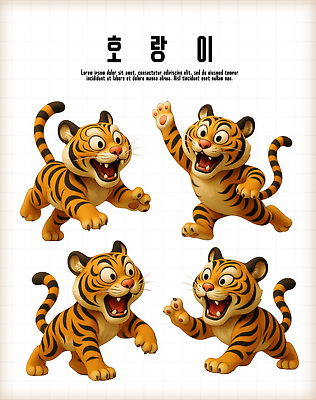 PSD 동물 편집이미지 감정 상징 자연 놀이 표정 달리기 귀여움 활발 호랑이 즐거움 민속 편집3D 컨셉 포유류 모션 3D 생태계 파일형식