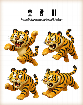PSD 동물 무료이미지 편집이미지 캐릭터 디자인 포즈 표정 귀여움 에너지 호랑이 강렬 생동감 창작 편집3D 컨셉 포유류 3D 파일형식