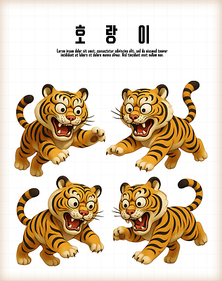 PSD 동물 편집이미지 캐릭터 디자인 상징 포즈 모션 표정 귀여움 활발 호랑이 그림 생동감 편집3D 컨셉 포유류 3D 파일형식