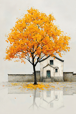 JPG 나무 전통 여유 단풍 일러스트 자연 주택 풍경 반사 고요 만남 가을 시골 뷰티풀 국내일러스트 AI일러스트 AI콘텐츠 식물 계절 감정 컨셉 잎 건물 생태계 파일형식