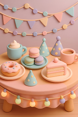 JPG 편집이미지 컬러 탁자 디저트 장식 컵 파티 과자 케이크 생일 분위기 도넛 즐거움 오브젝트 파스텔 마카롱 편집3D AI컴퓨터그래픽 AI콘텐츠 식기 기념일 감정 음식 가구 컨셉 학용품 이벤트 3D 파일형식