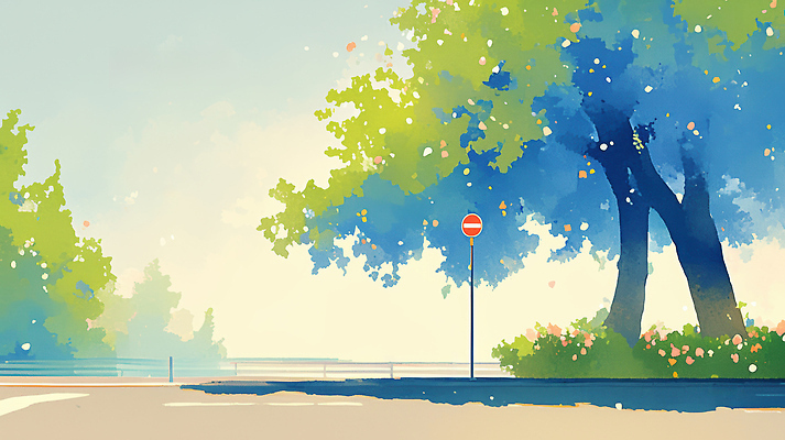 JPG 나무 꽃 도로 여유 일러스트 자연 아침 휴식 풍경 잔디 여름 햇빛 평화 산책 산책로 신호 지역 방문 국내일러스트 AI일러스트 AI콘텐츠 주간 식물 계절 감정 길 컨셉 교통시설 태양 생태계 파일형식