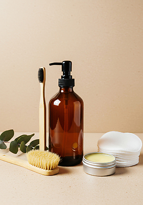 JPG 편집이미지 생활용품 자연 건강 위생용품 재활용 욕실 오브젝트 피부관리 세정제 유리용기 편집실사 AI포토 AI콘텐츠 뷰티 용기_그릇 CG 친환경 생태계 파일형식