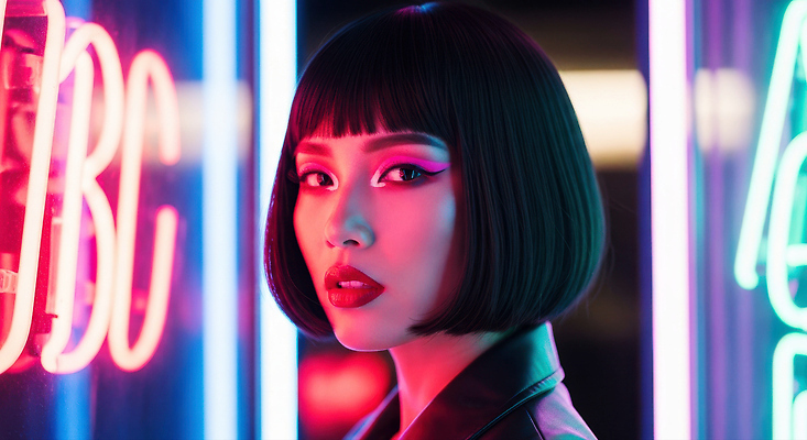 JPG 편집이미지 응시 여자 패션 백그라운드 짧은머리 빛 카메라 매력적 도시 화려 저녁 심플 네온 의료성형뷰티 스타일 편집실사 AI포토 AI인물포토 AI콘텐츠 헤어스타일 시선 컨셉 사람 전자제품 야간 CG 파일형식