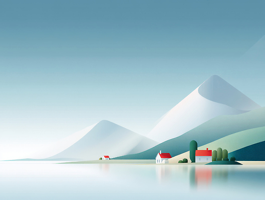 JPG 나무 호수 여행 일러스트 자연 하늘 산 주택 풍경 초원 물 반사 평화 고요 시골 조용 뷰티풀 풍경화 국내일러스트 AI일러스트 AI콘텐츠 자연요소 식물 컨셉 건물 그림 생태계 파일형식