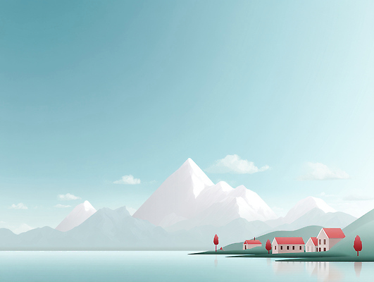 JPG 나무 구름 호수 여유 일러스트 자연 하늘 산 풍경 건물 평화 마을 환경 고요 순수 언덕 조용 산수화 뷰티풀 수평선 국내일러스트 AI일러스트 AI콘텐츠 자연요소 식물 건축물 감정 컨셉 동양화 생태계 파일형식