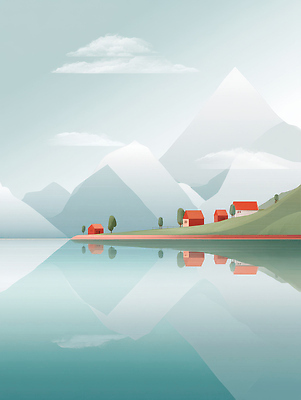 JPG 나무 구름 전통 호수 여행 일러스트 자연 하늘 아침 산 풍경 초원 반사 평화 마을 일출 고요 수면 국내일러스트 AI일러스트 AI콘텐츠 주간 자연요소 식물 컨셉 물 노을 생태계 파일형식