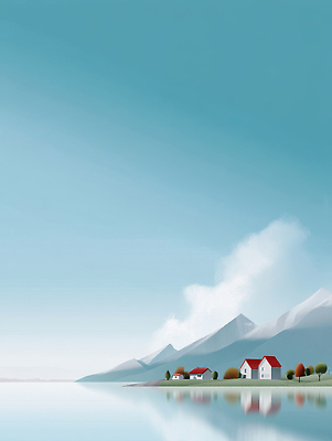 JPG 나무 구름 호수 여유 예술 일러스트 자연 하늘 산 주택 풍경 그래픽 평화 마을 공간 조화 청명 국내일러스트 AI일러스트 AI콘텐츠 자연요소 식물 감정 컨셉 건물 생태계 파일형식