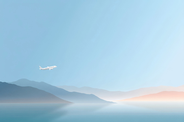 JPG 구름 여유 바다 컬러 여행 일러스트 자연 하늘 산 비행기 풍경 공중 고요 비행 대기 오후 청명 수평선 국내일러스트 AI일러스트 AI콘텐츠 자연요소 감정 항공교통 대중교통 생태계 파일형식