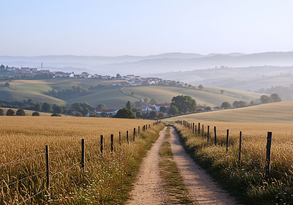 JPG 편집이미지 길 여유 자연 하늘 아침 산 풍경 초원 햇빛 농장 평화 마을 시골 편집실사 AI포토 AI콘텐츠 주간 감정 컨셉 농업 태양 CG 생태계 파일형식