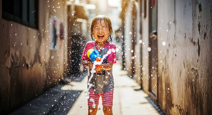 JPG 편집이미지 어린이 모션 놀이 웃음 풍경 물 여름 햇빛 골목길 즐거움 장면 물총 의료성형뷰티 편집실사 AI포토 AI인물포토 AI콘텐츠 자연요소 계절 감정 길 표정 사람 태양 CG 파일형식