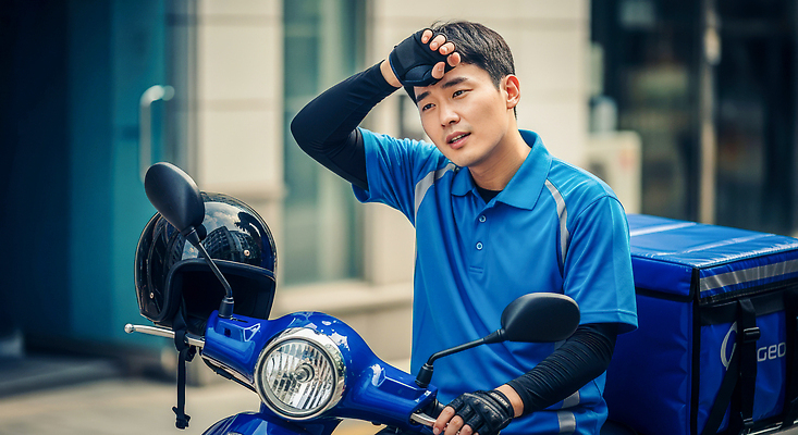 JPG 편집이미지 옷 남자 가방 휴식 거리 피곤 여름 자전거 도시 작업 배달원 더위 헬멧 배송 의료성형뷰티 편집실사 AI포토 AI인물포토 AI콘텐츠 직업 잡화 계절 컨셉 날씨 사람 바이크 보호장비 CG 파일형식