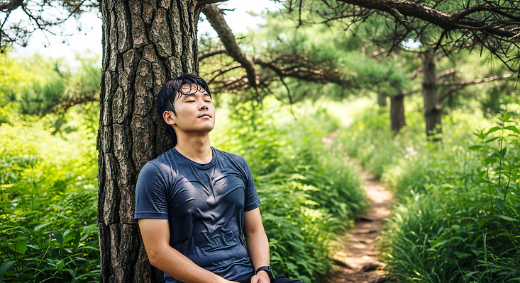 JPG 나무 편집이미지 남자 여유 자연 건강 풍경 햇빛 기댐 산책 숲 편안함 명상 조화 의료성형뷰티 편집실사 AI포토 AI인물포토 AI콘텐츠 식물 감정 모션 휴식 사람 태양 감각 CG 생태계 파일형식