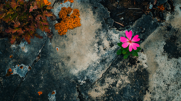 JPG 식물 편집이미지 꽃 분홍색 컬러 자연 나뭇잎 바닥 이끼 갈색 환경 성장 조화 뷰티풀 콘크리트 편집실사 AI포토 AI콘텐츠 잎 CG 생태계 파일형식