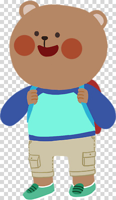 편집이미지 캐릭터 옷 행복 하늘색 바지 배낭 곰 친구 귀여움 탐험 즐거움 PNG 카키색 동물 감정 컬러 컨셉 가방 포유류 관계 하의 파란색 파일형식