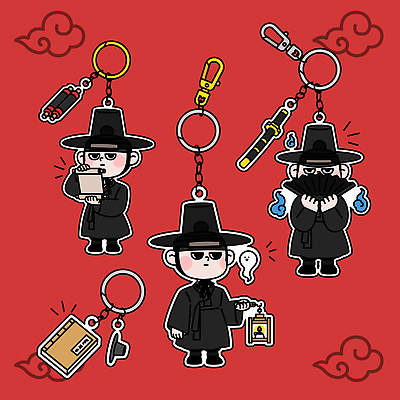 캐릭터 디자인 문화 포즈 일러스트 장식 귀여움 수집 오브젝트 그림 팬시 감성 개성 수공예 아이템 고전의상 빨간배경 저승사자 창의성 키링 스타일 국내일러스트 AI파일 옷 백그라운드 컨셉 빨간색 공예 파일형식 벡터