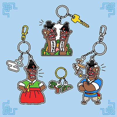 캐릭터 전통 디자인 문화 컬러 패턴 일러스트 아이디어 한국 표정 회화 사람 장식 오브젝트 그림 기념품 수공예 생동감 열쇠꾸러미 지하여장군 천하대장군 키링 국내일러스트 AI파일 아시아 컨셉 무늬 열쇠 말하기 공예 장승 파일형식 벡터