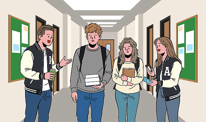 학생 교육 일러스트 학교 모션 청소년 학용품 대화 웃음 여러명 친구 소풍 체험 사회 그룹 복도 즐거움 대학교 일과 사교 전경 국내일러스트 AI파일 감정 다수 컨셉 관계 문구용품 표정 말하기 사람 풍경 야외활동 공동체 파일형식 벡터 탑뷰