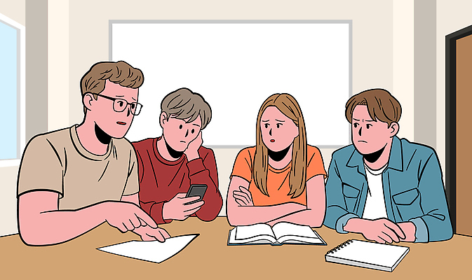 학생 교육 일러스트 학교 탁자 수업 협력 실험 대화 책 친구 스마트폰 학습 그룹 토론 집중 의견 소통 국내일러스트 AI파일 가구 컨셉 관계 말하기 핸드폰 스마트기기 파일형식 벡터