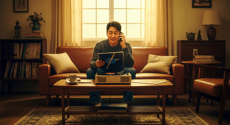 JPG 편집이미지 남자 커피 거실 휴식 조명 일상 소파 음악감상 듣기 레코드 편안함 통화 의료성형뷰티 편집실사 AI포토 AI인물포토 AI콘텐츠 음료 컨셉 의자 모션 사람 라이프 감상 음반 감각 CG 파일형식